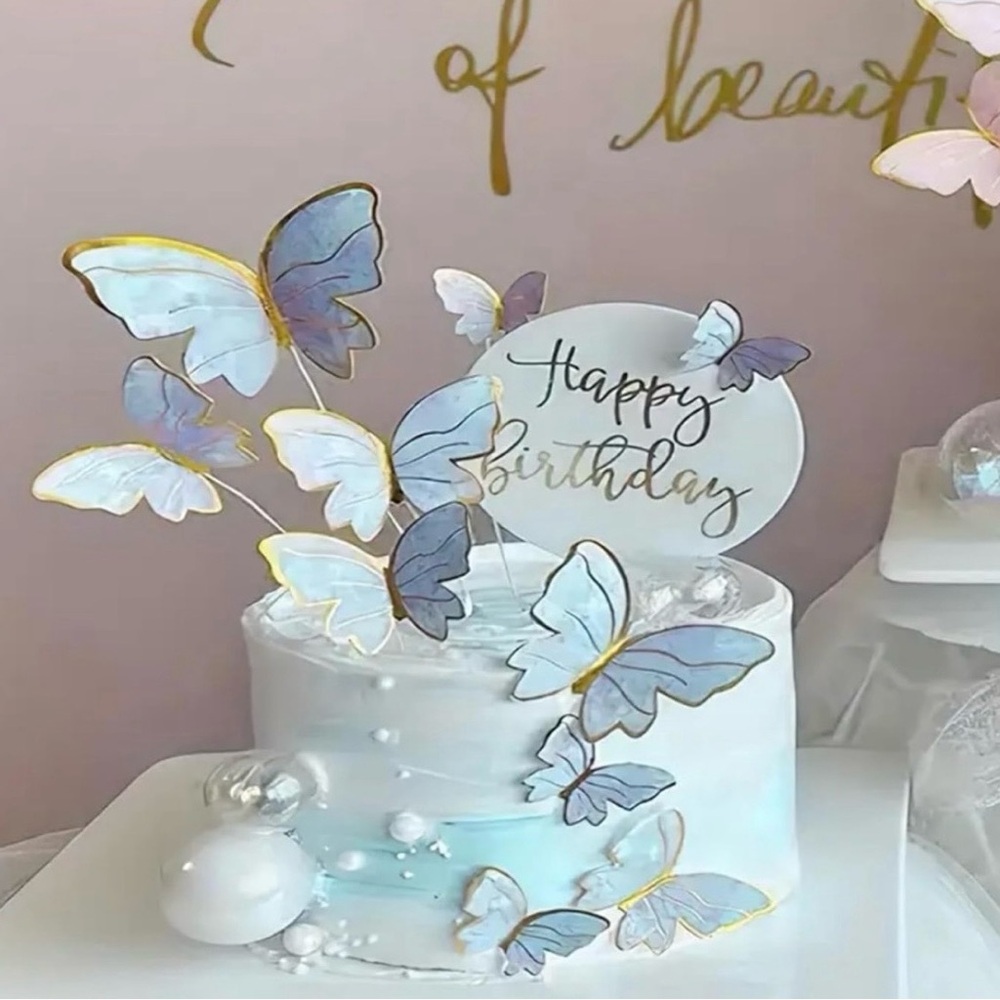 💞 New 22-Piece 3D Blue & Gold Butterfly Birthday Cake & Cupcake Decoration Set